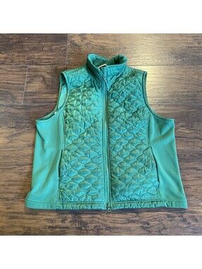 LL Bean Vest Womens XL Green Quilted Puffer Goose Down Full Zip Hiking